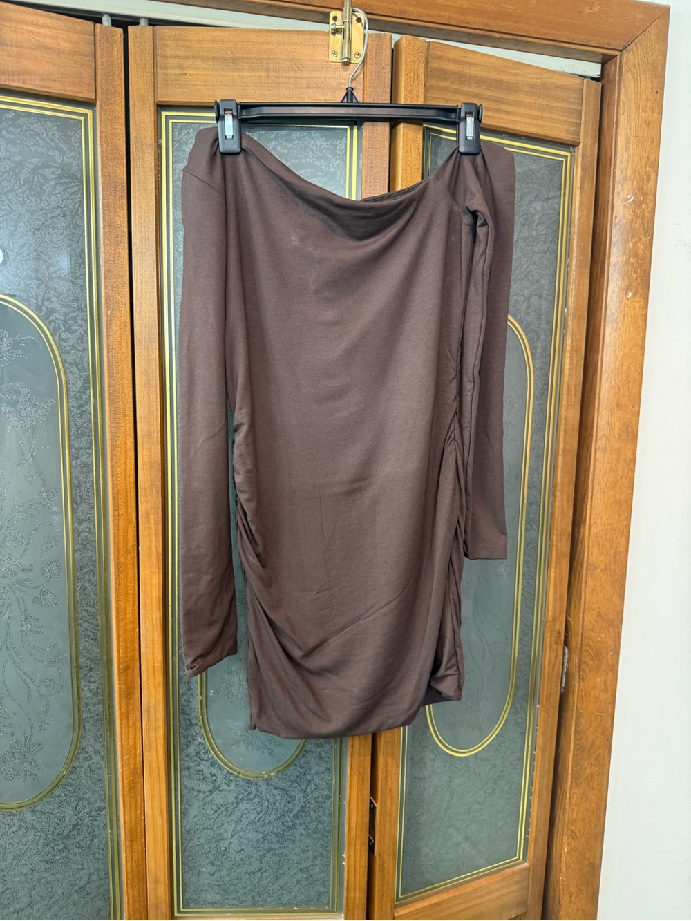 Oh Polly Chocolate Brown Midi Ruched Off-Shoulder Dress or Top, BRAND NEW